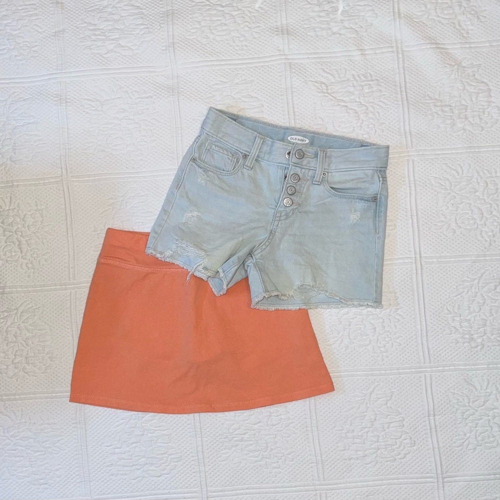 Girls Denim Shorts and Orange Skirt Set